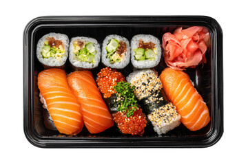 Assorted sushi in black plastic takeout container