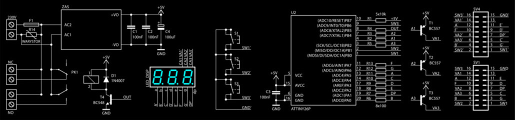 Schematic diagram of electronic device on paper sheet.  Vector drawing electrical circuit with
resistor, capacitor, integrated circuit,
diode, microcontroller, led display, other components.