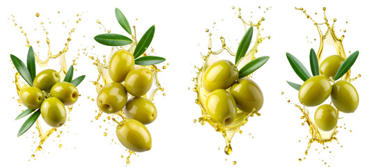 Green olives splashing with extra virgin olive oil on transparent background