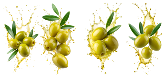Green olives splashing with extra virgin olive oil on transparent background