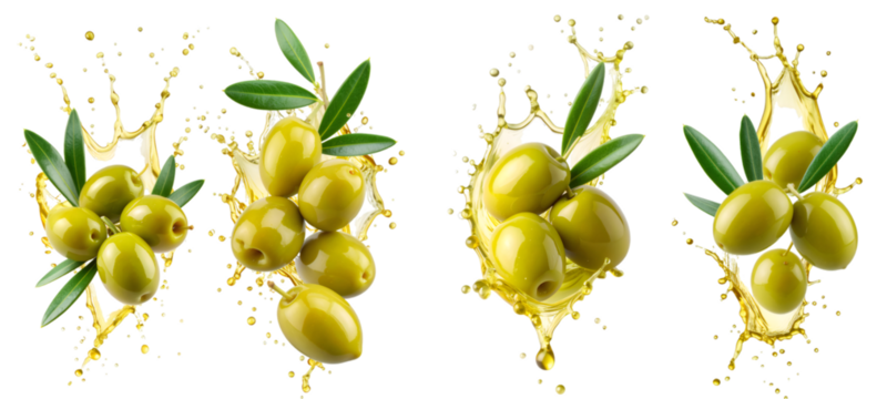 Green olives splashing with extra virgin olive oil on transparent background - Powered by Adobe