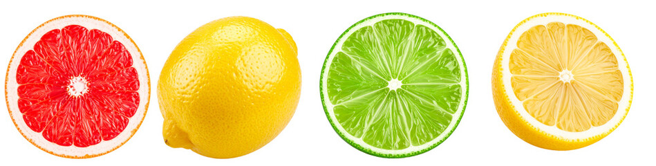 Lemon, lime, grapefruit and orange fruit collection on transparent background