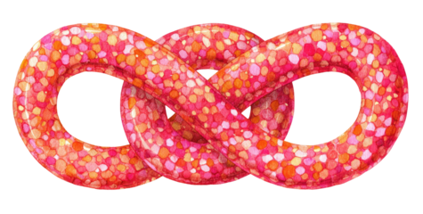 Two intertwined,  pink and orange,  glitter-like rings