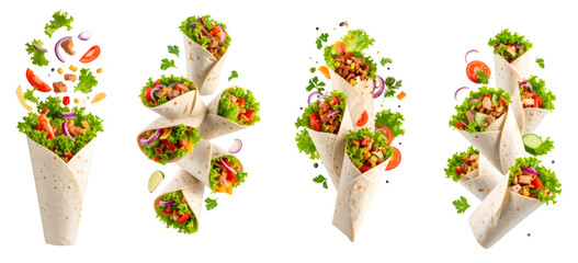 Delicious tortillas exploding with beef, salad and vegetables on transparent background