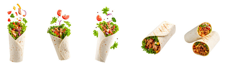 Delicious shawarma wraps with flying ingredients on transparent background