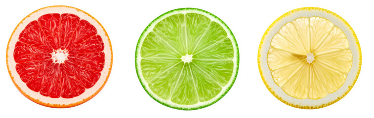 Sliced citrus fruits grapefruit, lime and lemon on transparent background