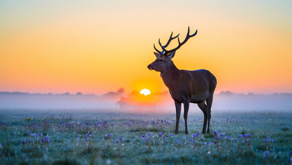 Fototapeta premium Majestic stag silhouetted against a vibrant sunrise over a misty field