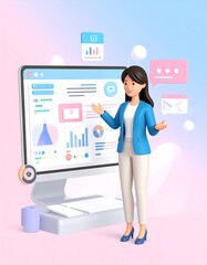 A 3D businesswoman presents a data analytics dashboard on a computer screen, illustrating modern business intelligence and project management.