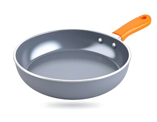 A 3D cartoon illustration of a dark gray frying pan with a vibrant orange handle, isolated on a white background for culinary concepts.