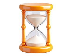 Vibrant orange 3D hourglass with white flowing sand. A symbolic illustration of time, deadlines, and countdowns, isolated on a white background.