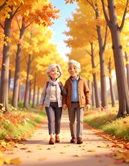 Elderly couple strolling hand-in-hand down a sunlit autumn path, surrounded by vibrant golden trees.