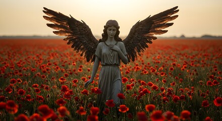  Serene Angel Statue with Dark Wings Standing in a Vibrant Field of Red Poppies at Sunset