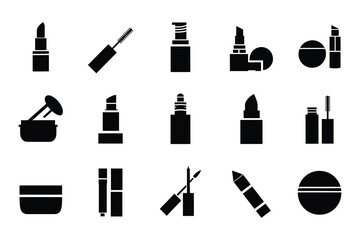 Black Silhouette Icons of Makeup Beauty Products on White Background for Fashion Beauty Concepts