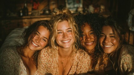 Four friends gather together, laughing and enjoying each other's company in a cozy atmosphere