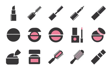 Obraz premium Collection of cosmetic icons featuring lipstick mascara eyeshadow nail polish and hairbrush showcasing beauty and makeup essentials for personal care