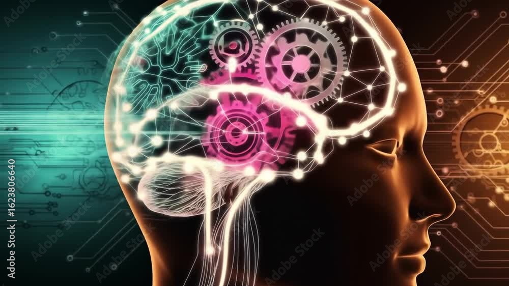 Poster animated heads with illuminated brains and gears, symbolizing intelligence, technology, and cognitiv