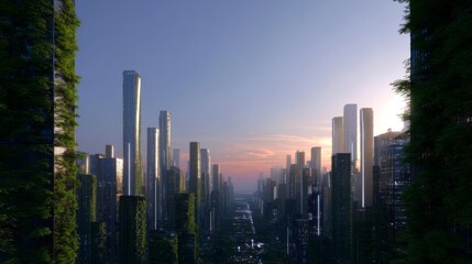 A futuristic cityscape rises high into the sky. Tall, sleek buildings glimmer in the sunlight. The lush greenery contrasts with the modern architecture. A vision of sustainable urban life. AI