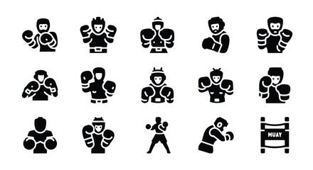 Solid black silhouette sports icon set  -  boxing icon, depicting a fighter with gloves and protective gear, isolated on white background