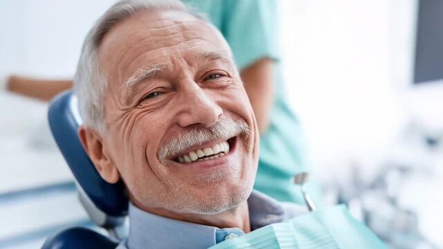 Senior man smiles broadly at dentist, showcasing healthy teeth and joyful dental experience, representing comfort, confidence, and oral health