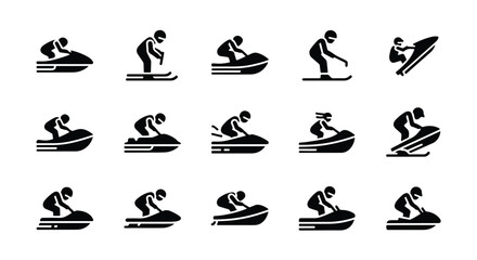 Fototapeta premium Solid black silhouette sports icon set - person riding a jet ski on the water, isolated on white background