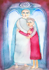 Guardian Angel Embracing Child – Mystical Watercolor Illustration, hand-painted watercolor