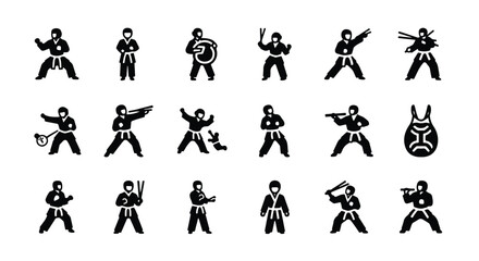 Naklejka premium Solid black silhouette sports icon set - set of black icons depicting people practicing karate, isolated on white background