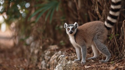 Fototapeta premium A curious ring-tailed lemur exploring its surroundings in a lush green setting.
