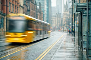 Obraz premium Yellow tram speeding on rainy city street