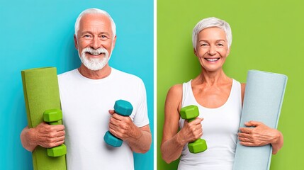 Active senior couple holding yoga mats and dumbbells