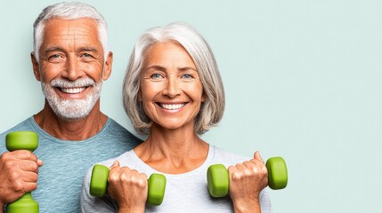 Healthy senior couple smiling with dumbbells