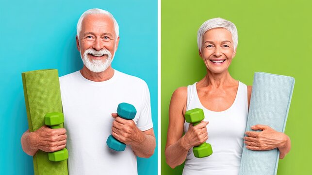 Active senior couple holding yoga mats and dumbbells
