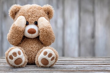 Obraz premium Cute Teddy Bear Covering Eyes Sitting on Wooden Surface