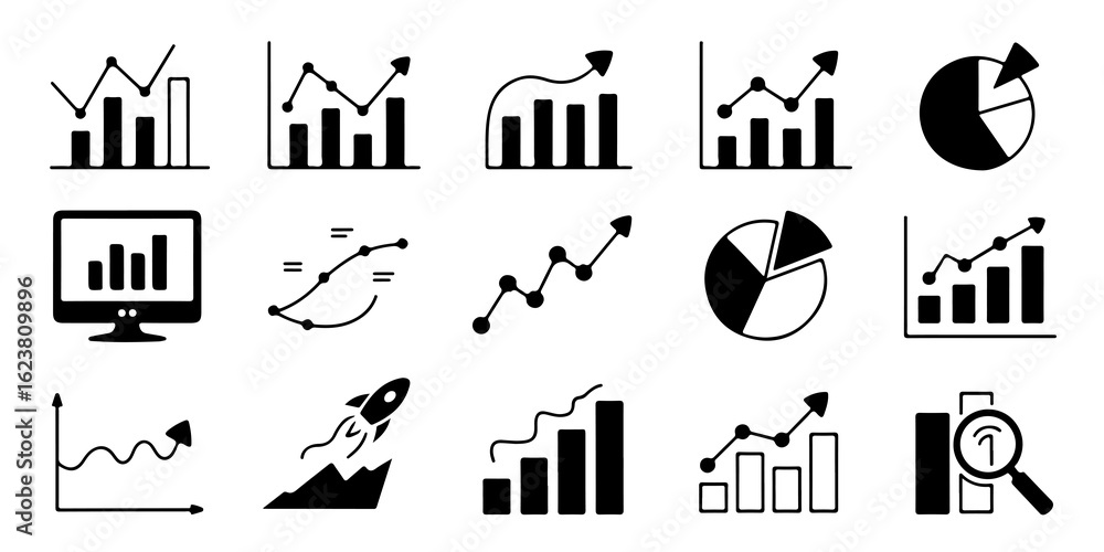 Poster diverse set of chart and graph vector icons, depicting growth and analysis, represented in black on 