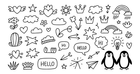 Naklejka premium Hand-drawn Doodle Set Cute Kawaii Elements for Design