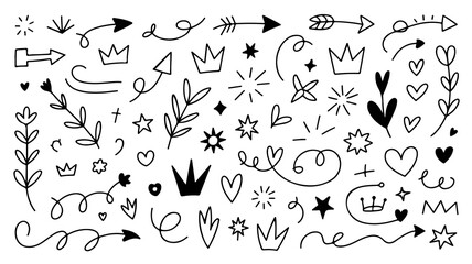 Naklejka premium Charming hand-drawn doodles featuring arrows, hearts, stars, crowns, and floral elements, all creatively arranged on transparent background