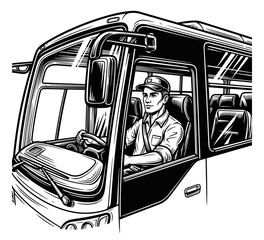 Professional bus driver in a cap steering a modern coach, a black and white line art illustration for transportation concepts.