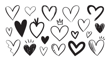 Romantic Collection of Black and White Hand-Drawn Hearts with Different Styles for Valentine's Day on transparent background