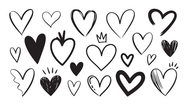 Romantic Collection of Black and White Hand-Drawn Hearts with Different Styles for Valentine's Day on transparent background