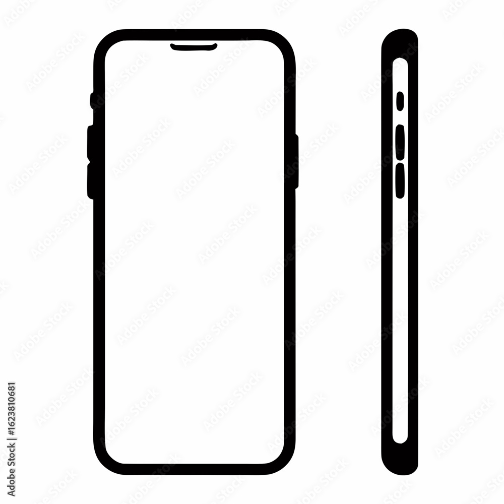 Poster illustration of a black smartphone with a blank screen and side view on a white background design st