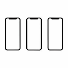 Three modern smartphone mockups with a black outline and a notch design displayed in a row on white created with generated ai
