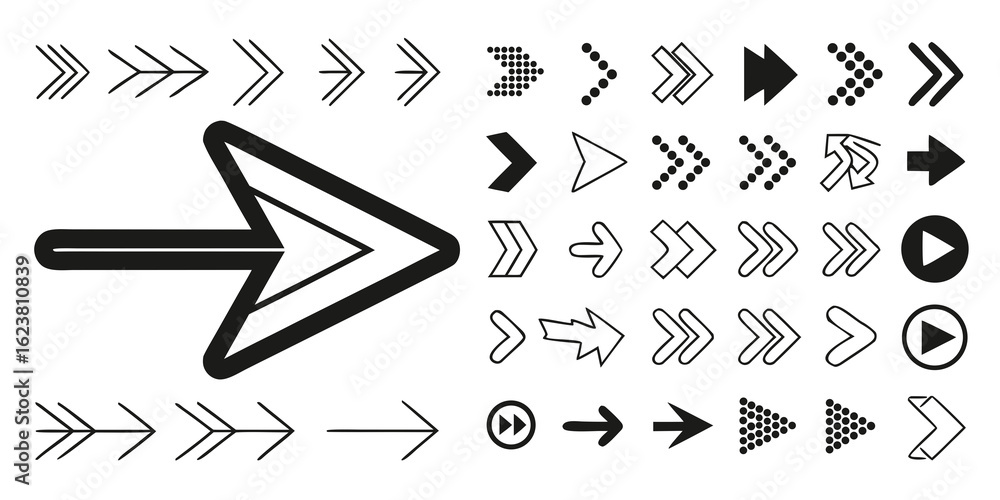 Poster collection of diverse black and white arrow designs pointing in various directions and styles create