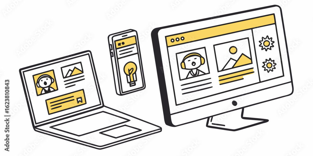 Poster illustration of a laptop, smartphone, and desktop computer displaying web pages with yellow accents 