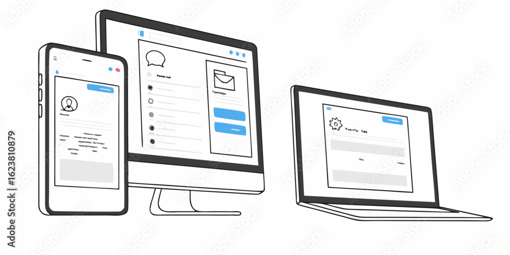 Poster illustration of a smartphone, desktop computer, and laptop displaying user interfaces on their scree