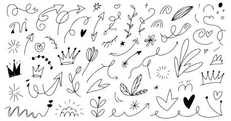Fototapeta premium Hand-drawn Doodle Arrows, Crowns, and Floral Elements Collection Design Elements for Planners, Cards, and Invitations