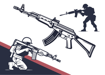 Illustration showing ak 47 rifles and soldiers in combat poses in black and white design style created with generated ai