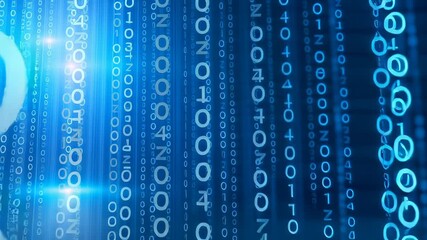 Blue digital landscape with binary code streams, glowing data matrix with numeric sequences and light effects in technological cyberspace environment. - Powered by Adobe