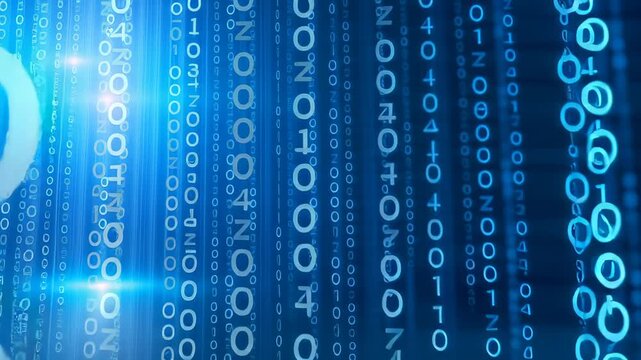 Blue digital landscape with binary code streams, glowing data matrix with numeric sequences and light effects in technological cyberspace environment.