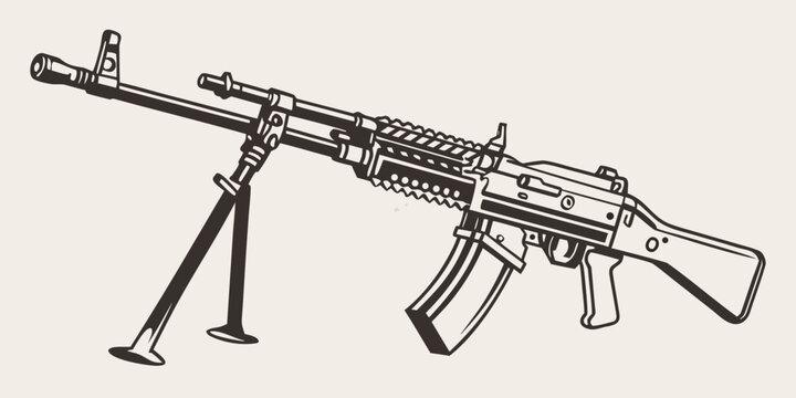Illustration of a light machine gun with bipod and magazine in black and white drawing style created with generated ai
