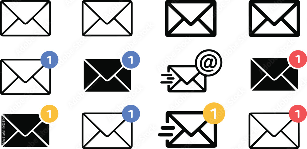Aufkleber a collection of email envelope icons in various styles, including notifications, sending indicators,