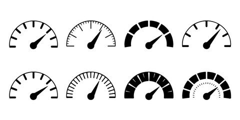 Set of Eight Various Speedometer Designs Displaying Different Measurements in Black and White, Perfect for Dashboards, on transparent background